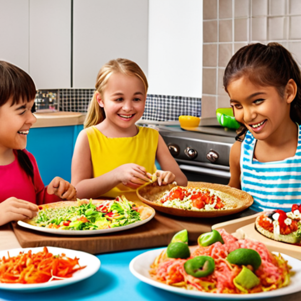 **Image Prompt for Introducing New Flavors**: "A colorful kitchen scene with children happily preparing a variety of international dishes like pizza, sushi, and tacos. The kids are choosing their favorite toppings and ingredients, showcasing their creativity and involvement in the cooking process."