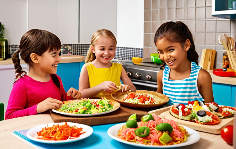 **Image Prompt for Introducing New Flavors**: "A colorful kitchen scene with children happily preparing a variety of international dishes like pizza, sushi, and tacos. The kids are choosing their favorite toppings and ingredients, showcasing their creativity and involvement in the cooking process."