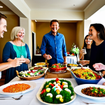 A vibrant indoor party scene, featuring a diverse group of friends and family of various ages, fully clothed in comfortable, modest casual wear, interacting cheerfully around a beautifully set buffet table. The table is adorned with an exquisite spread of colorful fusion cuisine, showcasing elegant food presentation with tiered platters, fresh garnishes, and warm, inviting lighting. Guests are seen serving themselves or engaging in pleasant conversation, all in natural poses. This scene captures a joyful, family-friendly atmosphere, safe for work, appropriate content, with perfect anatomy, correct proportions, well-formed hands, and proper finger count, depicted in professional photography, high quality.