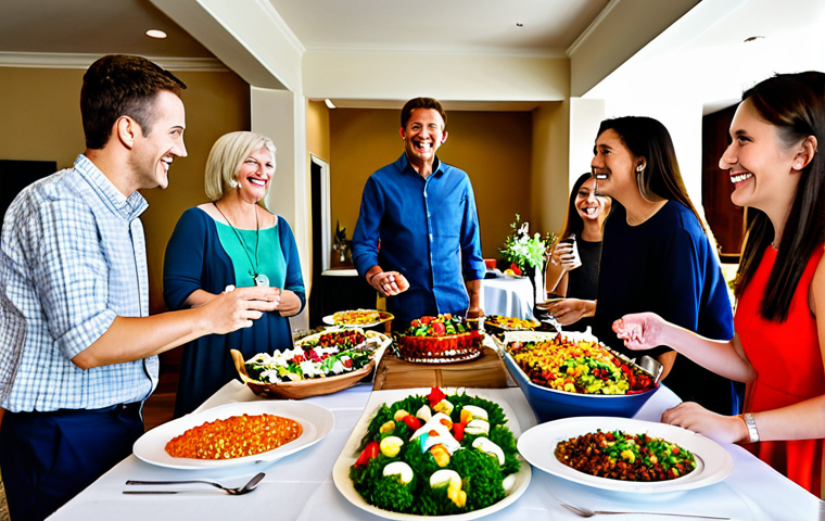 A vibrant indoor party scene, featuring a diverse group of friends and family of various ages, fully clothed in comfortable, modest casual wear, interacting cheerfully around a beautifully set buffet table. The table is adorned with an exquisite spread of colorful fusion cuisine, showcasing elegant food presentation with tiered platters, fresh garnishes, and warm, inviting lighting. Guests are seen serving themselves or engaging in pleasant conversation, all in natural poses. This scene captures a joyful, family-friendly atmosphere, safe for work, appropriate content, with perfect anatomy, correct proportions, well-formed hands, and proper finger count, depicted in professional photography, high quality.