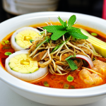 A close-up professional studio shot of an authentic bowl of Penang Laksa. The bowl is filled with thick white rice noodles submerged in a rich, reddish-brown, sour-spicy fish broth, garnished generously with finely shredded mackerel, julienned cucumber, thin slices of red onion, vibrant green mint leaves, small cubes of fresh pineapple, and prominent pink slices of torch ginger flower (bunga kantan). The setting is a clean, well-lit hawker stall table, with a slightly blurred background hinting at a bustling Penang street. Professional food photography, high resolution, sharp focus, vibrant colors, appetizing, safe for work, appropriate content, family-friendly.