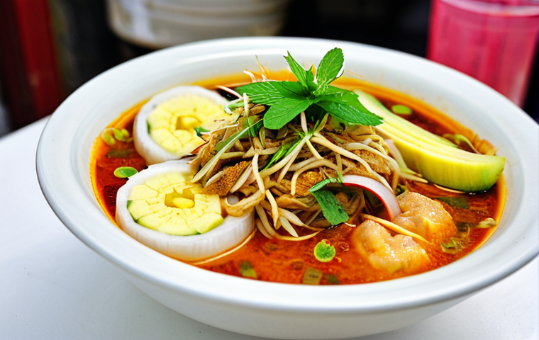 A close-up professional studio shot of an authentic bowl of Penang Laksa. The bowl is filled with thick white rice noodles submerged in a rich, reddish-brown, sour-spicy fish broth, garnished generously with finely shredded mackerel, julienned cucumber, thin slices of red onion, vibrant green mint leaves, small cubes of fresh pineapple, and prominent pink slices of torch ginger flower (bunga kantan). The setting is a clean, well-lit hawker stall table, with a slightly blurred background hinting at a bustling Penang street. Professional food photography, high resolution, sharp focus, vibrant colors, appetizing, safe for work, appropriate content, family-friendly.